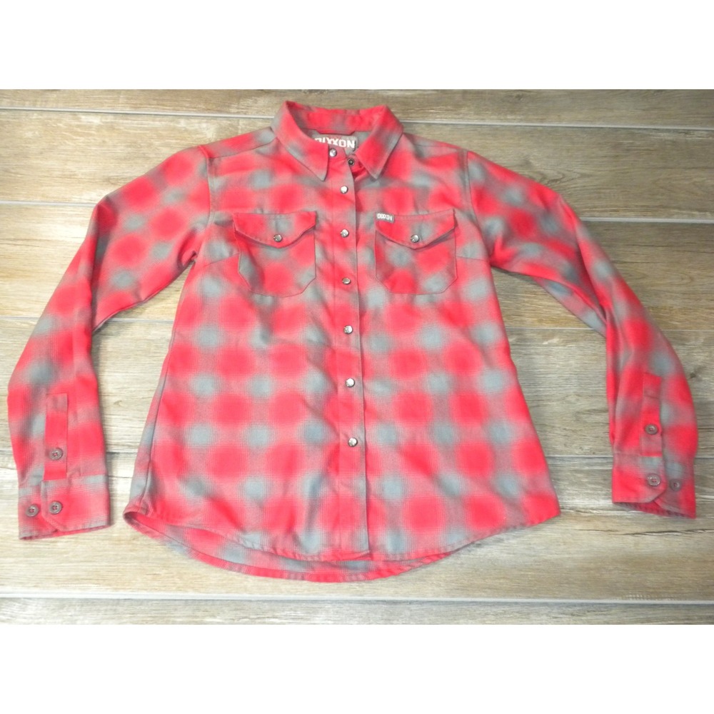 Dixxon Pulaski Flannel Shirt Womens M Red Gray Check Plaid Pearl Snap Biker Chic